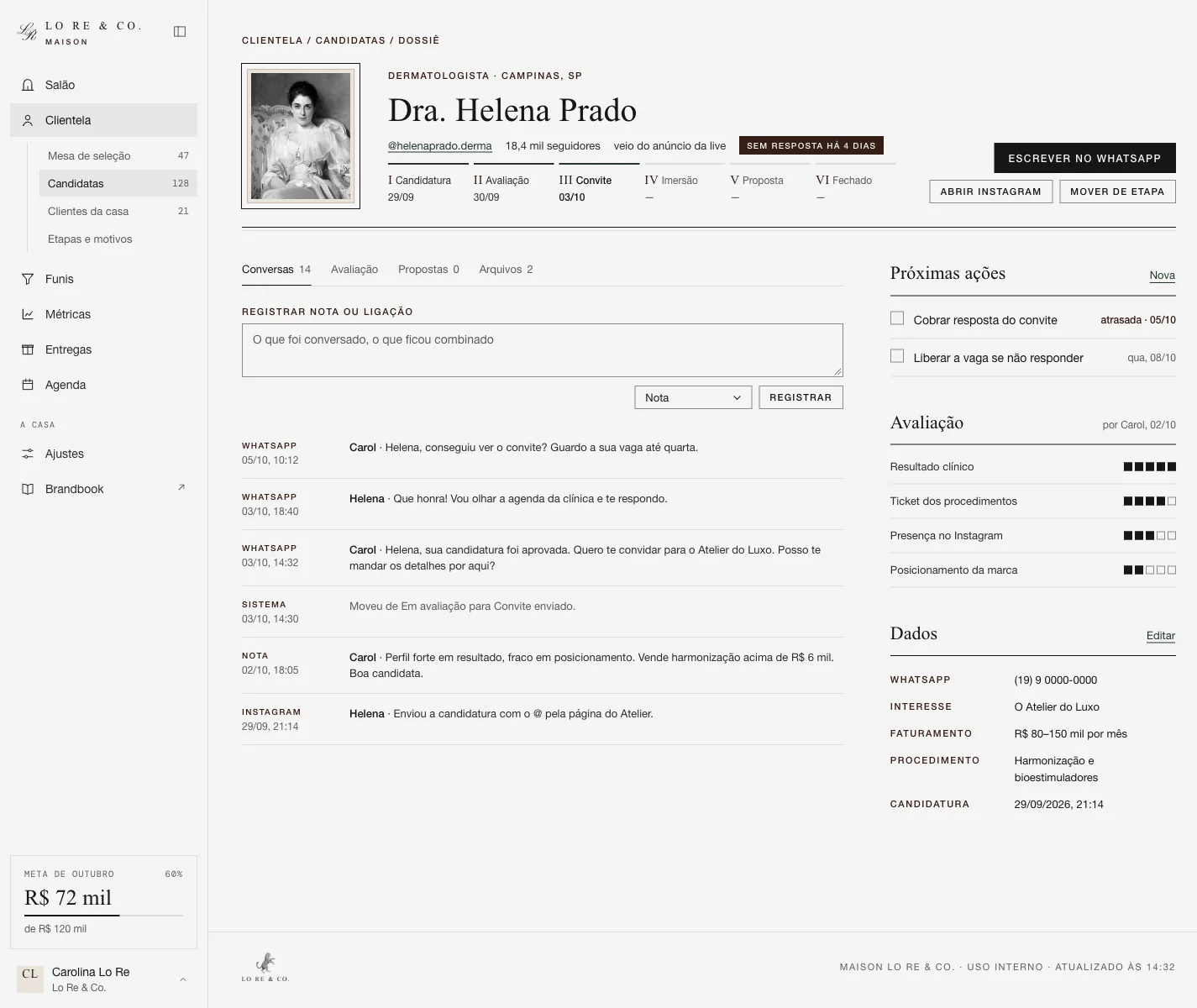 Maison back office: an applicant's dossier with sales stages, conversations, assessment and next actions